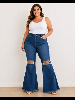 JC & JQ Jeans Womens 3X Flare Bell Bottom Distressed Knee Raw Hem NWT